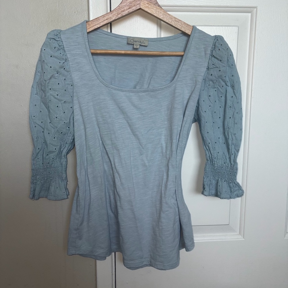 Chenault Dusty Blue Eyelet Puff Sleeve Scoop Neck Tee